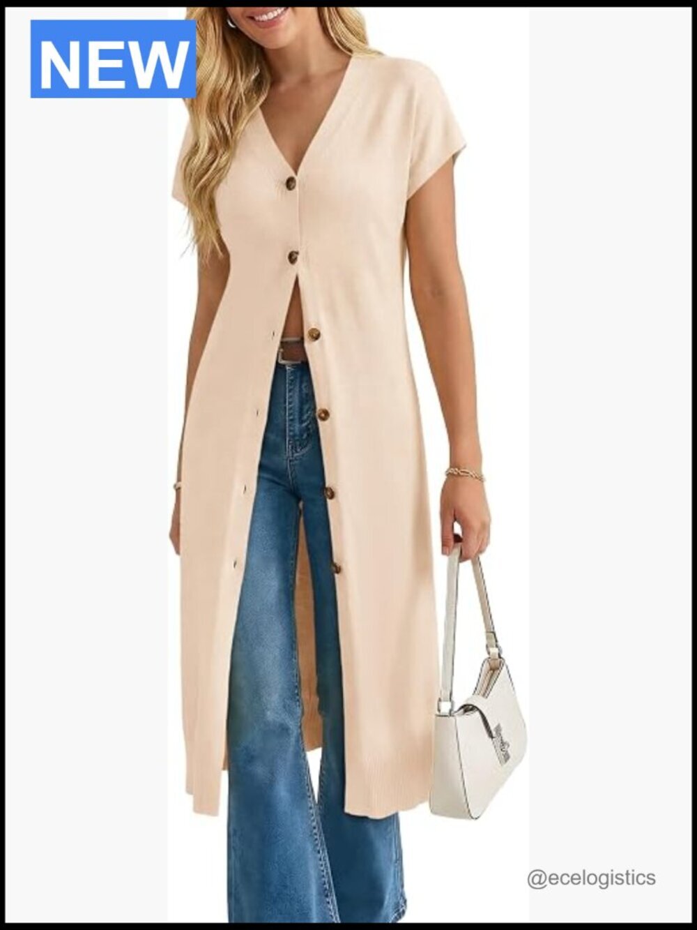 Short Sleeve V Neck Button Cardigan Midi Dress Loose Knit